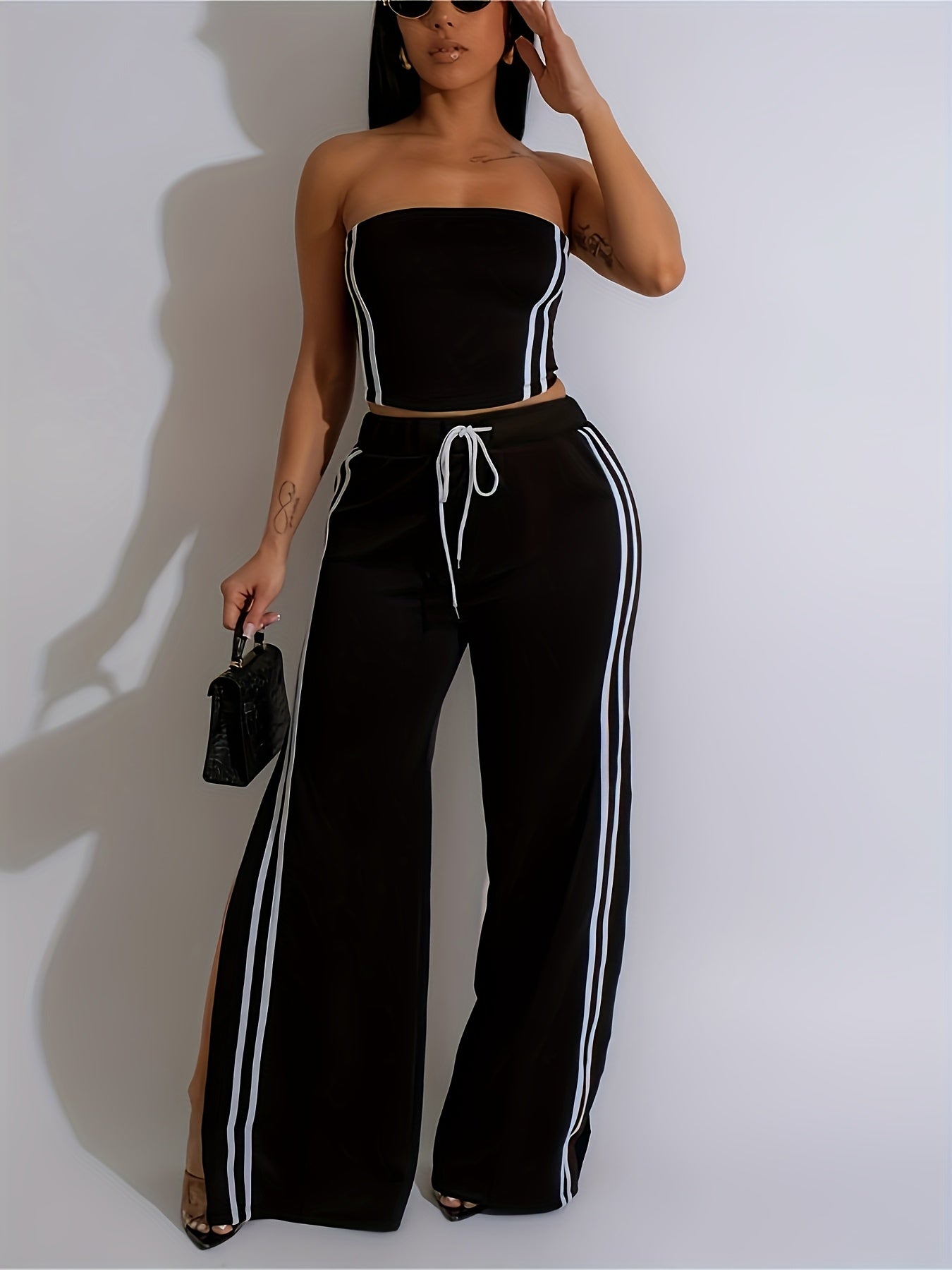 Loose-Fitting Striped Long Pants Set with a Bustier Top