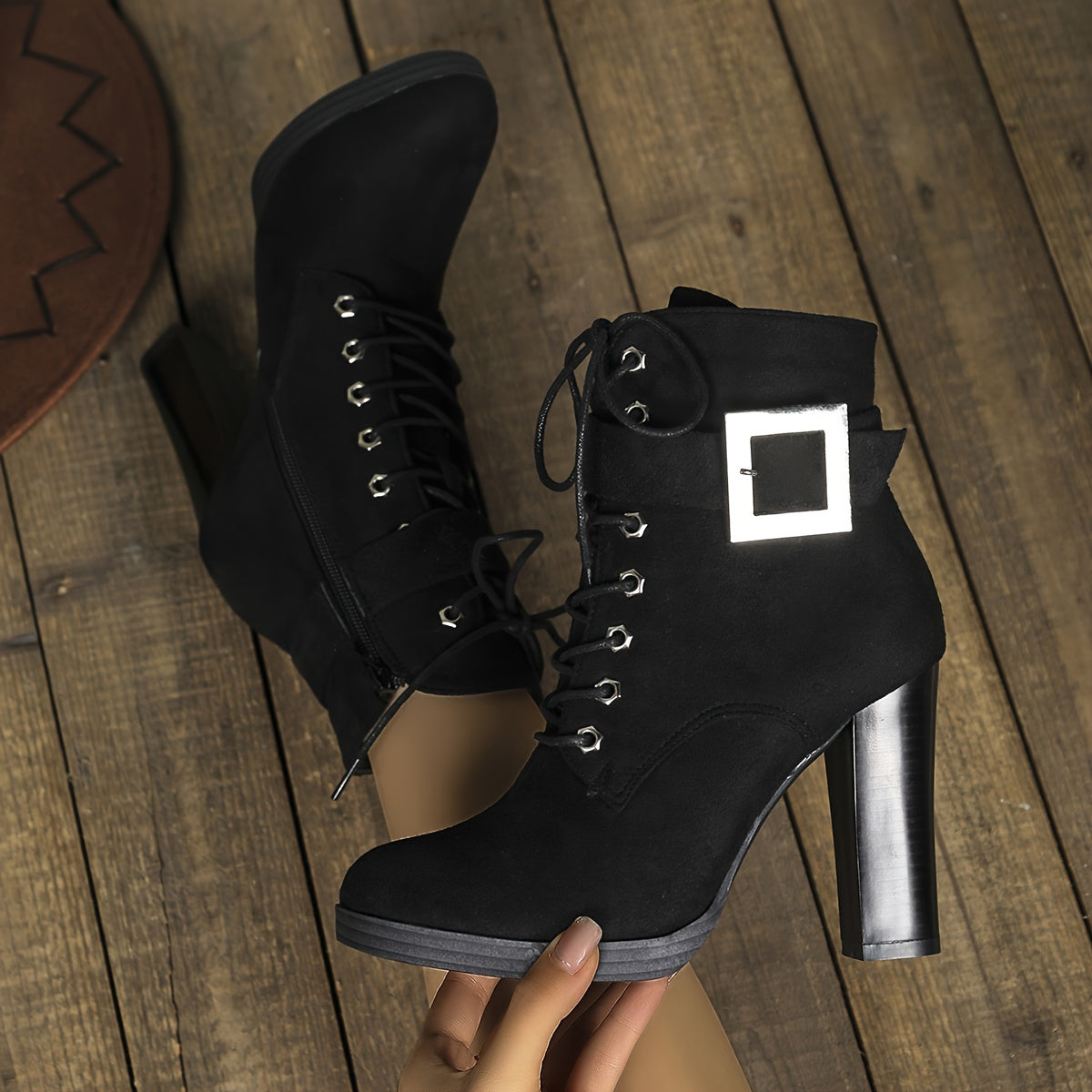Chic Women's Ankle Boots with Block Heel - Casual Lace-Up & Side Zipper, Round Toe, Faux Cover