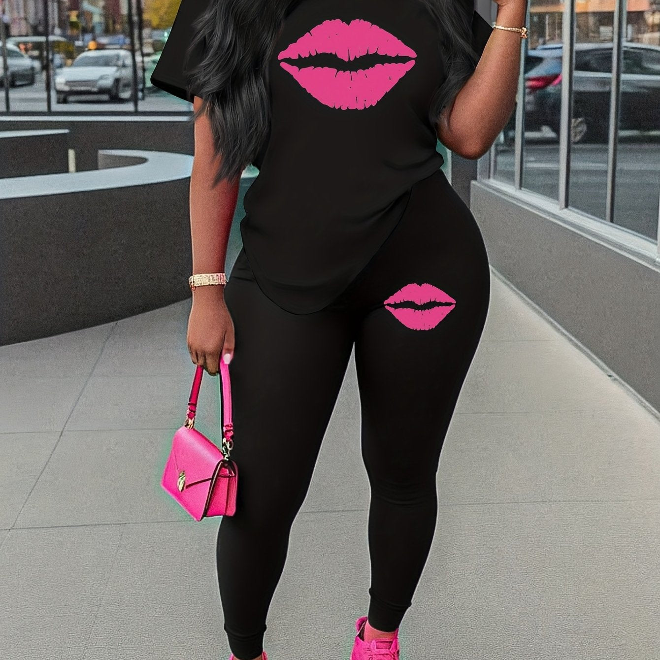 love graphic print two piece set, short sleeves T-shirt & Leggings, Women's clothing