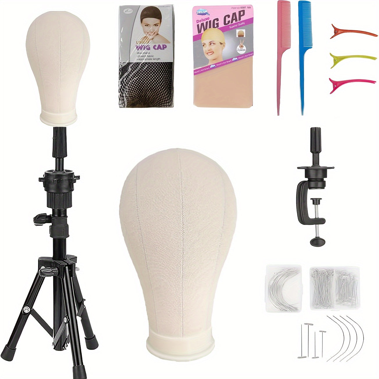 22Inch Canvas Wig Head With Stand, Wig Mannequin Head With Stand, Table Wig Stand Tripod With Head For Wigs Making Display