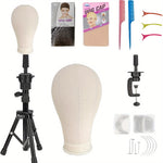 22Inch Canvas Wig Head With Stand, Wig Mannequin Head With Stand, Table Wig Stand Tripod With Head For Wigs Making Display