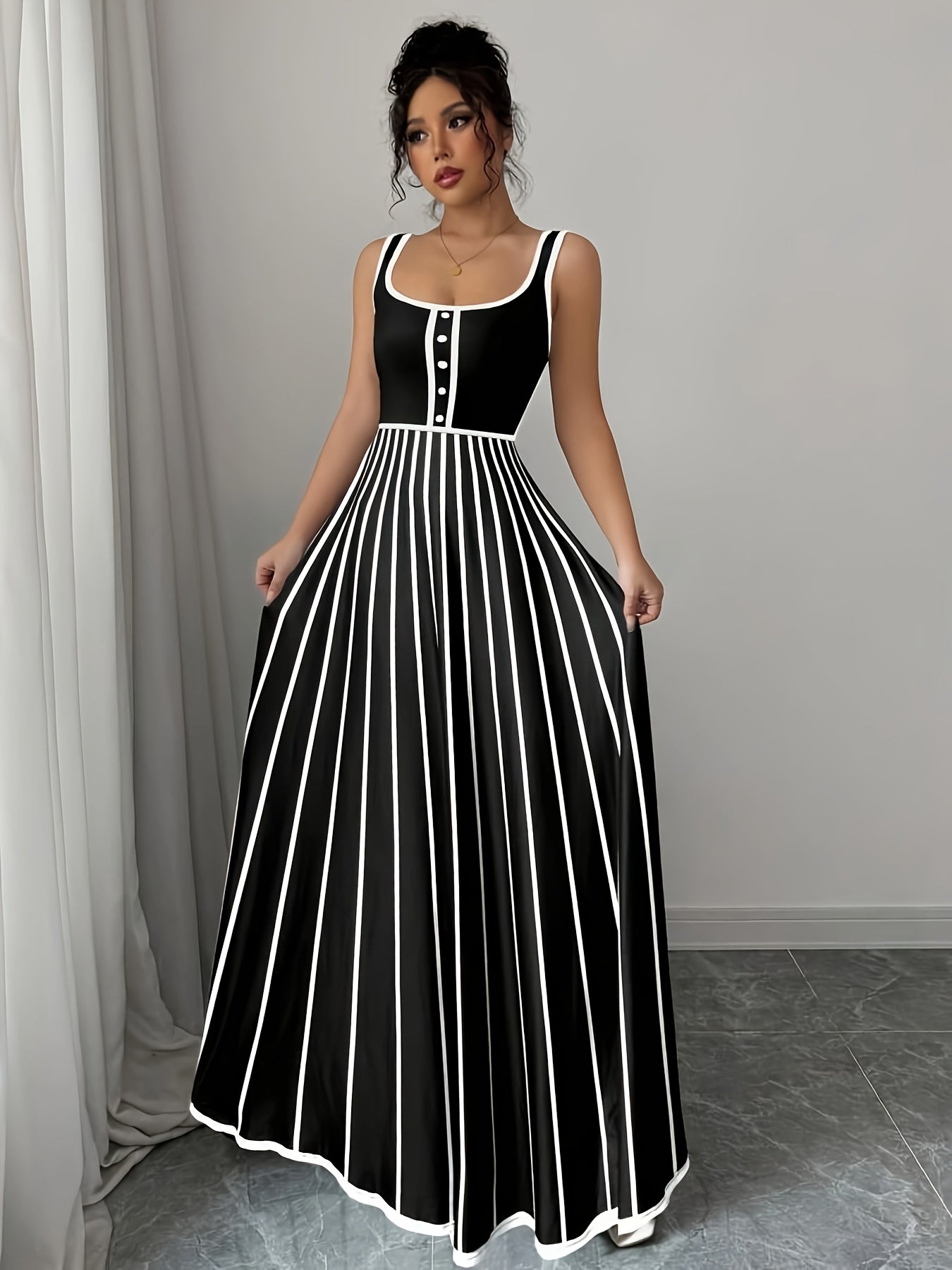 Elegant Striped Sleeveless Maxi Dress for Women - Square Neck, Button Detail, Black & White Vertical Stripes, Flowy Design, Machine Washable, Perfect for Casual or Chic Outfits