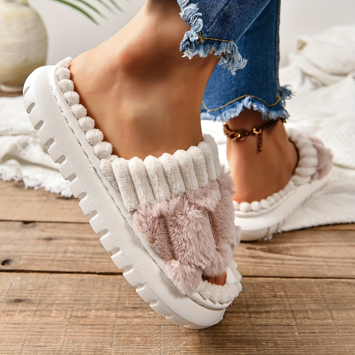 Simple Platform Slippers, Casual Open Toe Plush Shoes, Comfortable Indoor Home Slippers