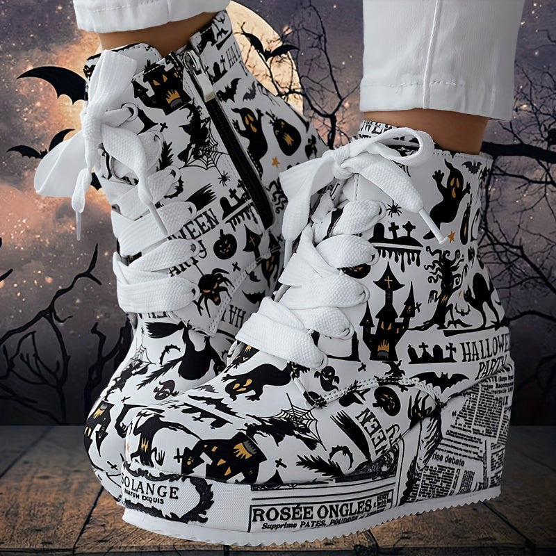Women's Halloween Theme Boots, Lace Up Platform Lace Up Walking Shoes, High-top Wedge Winter Boots