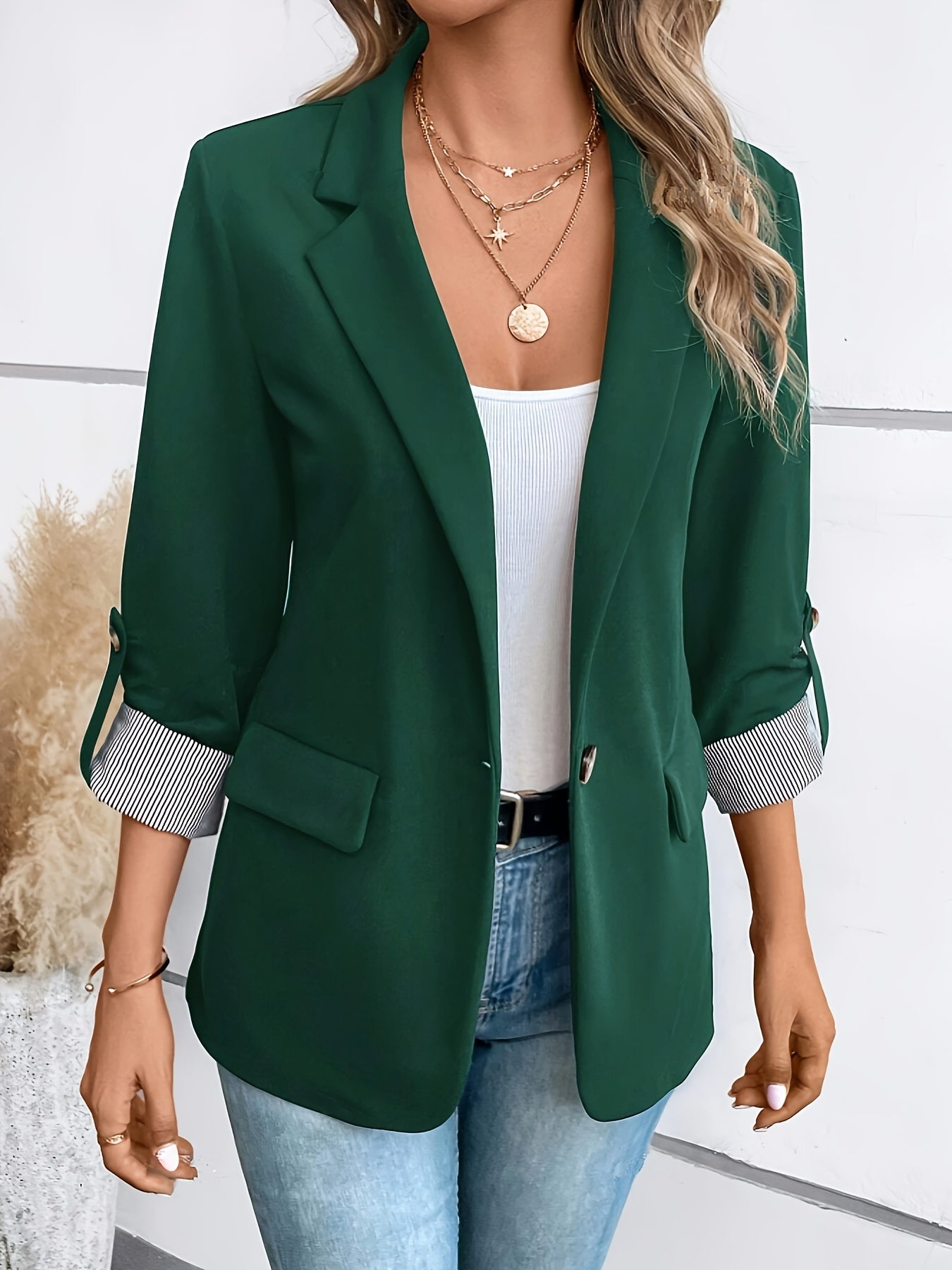 Stylish Women's Blazer with Striped Cuff Detail - 100% Polyester, Single Button Closure, Regular Fit, Long Sleeves, Perfect for Spring & Fall Casual or Semi-Formal Wear, Casual Women's Wear | Versatile Fashion | Polyester Fab