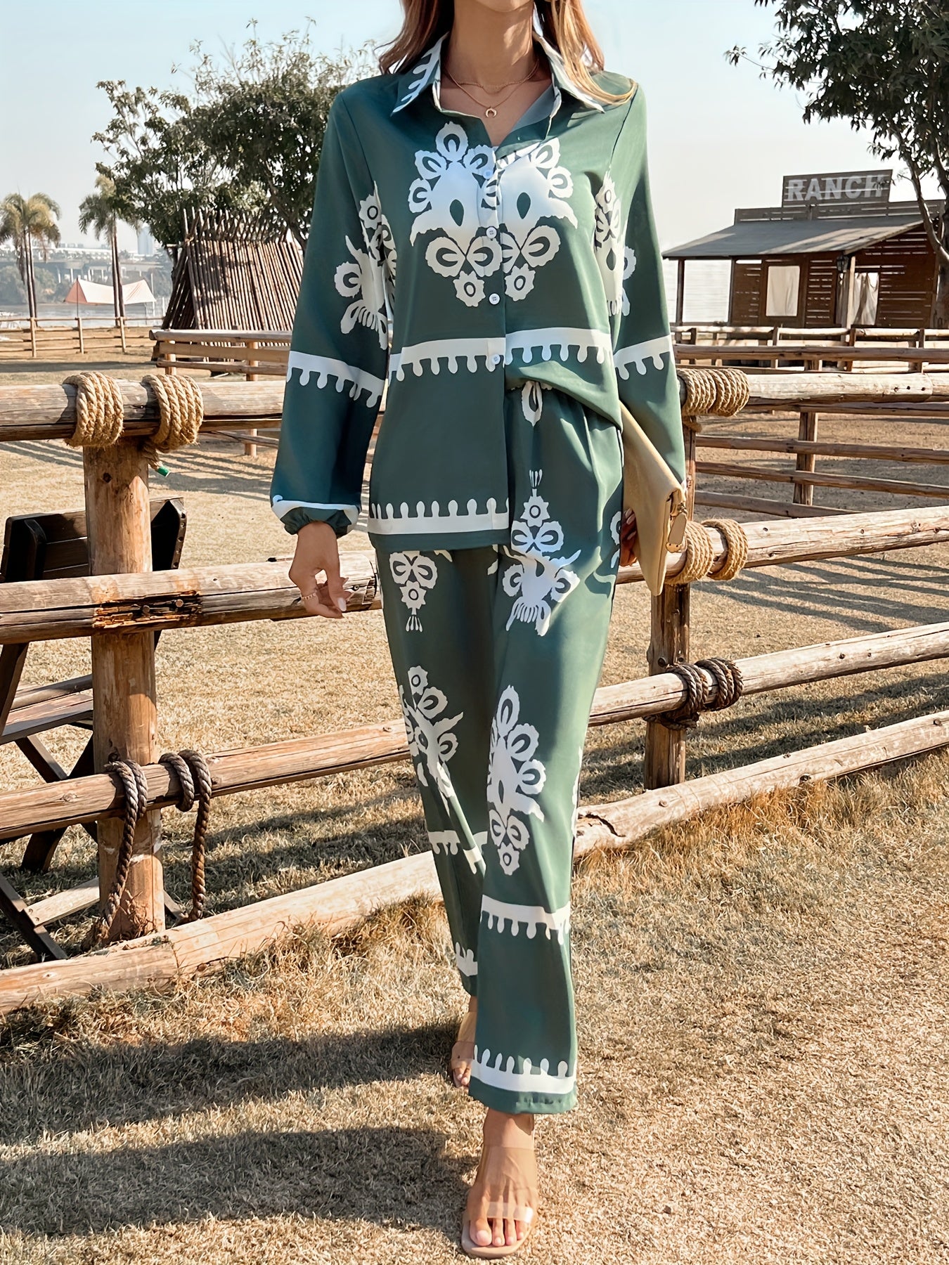 2pcs Elegant Special Set for Women with Random Print Front Button Long Sleeve Top and Pants Casual Suit