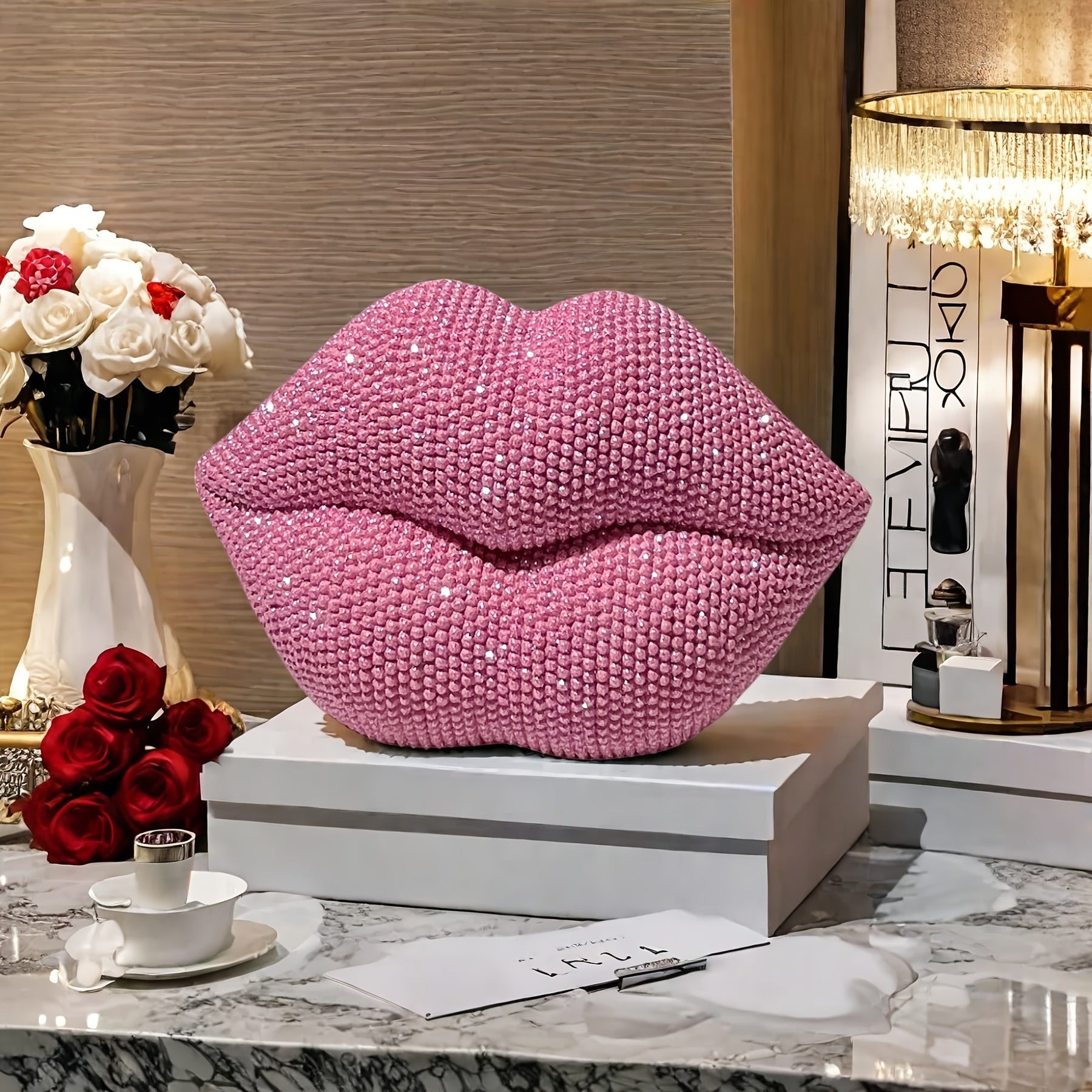 1pc Pink Beaded Lips Statue Decor – Resin Love-Themed Art for Home, Office, Bedroom, Bar, Hotel, Bathroom – Perfect for Weddings, Valentine’s Day, and Romantic Gifts, Indoor Decoration | Beaded Texture | Sleek Finish, P