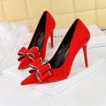 Elegant Rhinestone Bow Women's Pointed-Toe Stiletto Heels - Red Cover Party Shoes with Ultra-High Heel, PU Lined & Rubber Sole for Weddings, Galas & Formal Events, Platform Stiletto Heels, Wedding Guest Footwear, Sophisticate