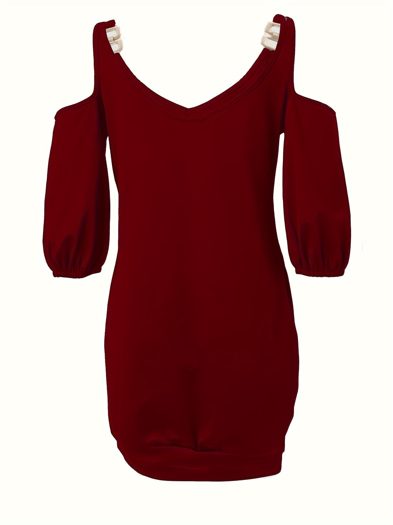 Plus Size Women's Casual Cold Shoulder Dress - V-Neck with Metal Chain Detail, Teal Blue, Sleeve, Relaxed Fit for Summer, Nontransparent Fabric