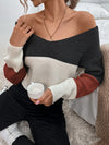 Off Shoulder Back Twist Sweater, Stylish Color Block Loose Long Sleeve Pullover Sweater For Winter & Fall, Women's Clothing