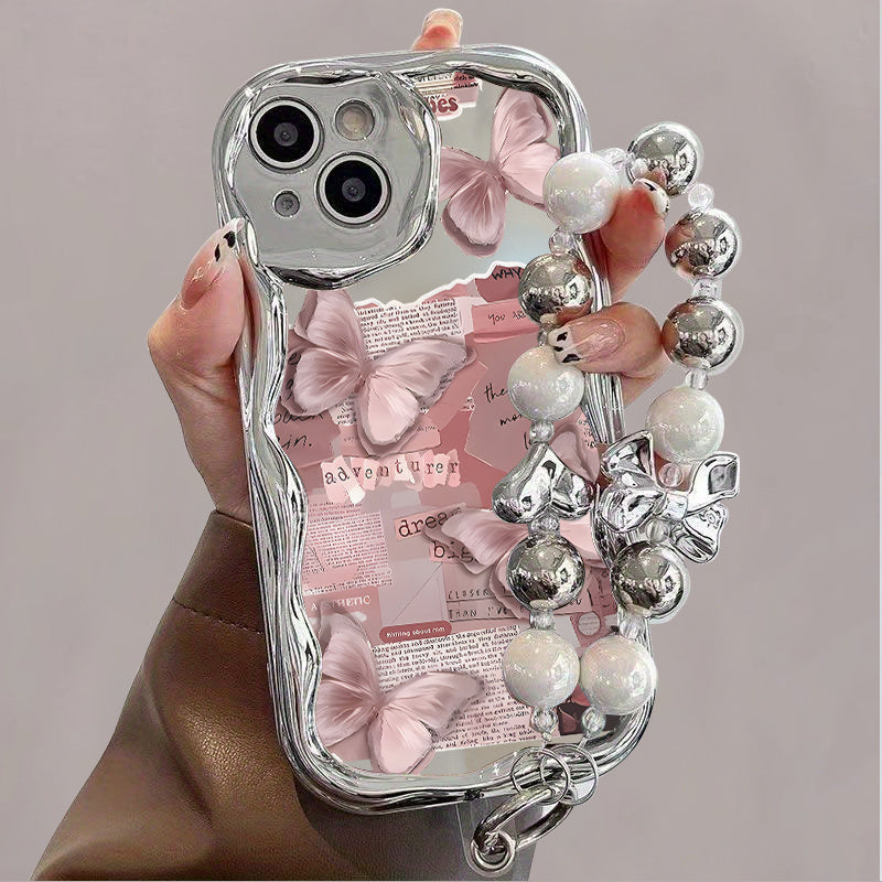 Pink Butterfly And Collage Elements for a Romantic And Sweet Atmosphere, with Silver Bead Chain Phone Case, Suitable for Iphone 11, 12, 13, 14 And 15 Pro Max, 16PLUS