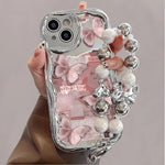 Pink Butterfly And Collage Elements for a Romantic And Sweet Atmosphere, with Silver Bead Chain Phone Case, Suitable for Iphone 11, 12, 13, 14 And 15 Pro Max, 16PLUS