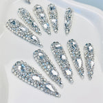 10pcs Handmade Press on Nails Kit Rhinestone Decor Luxury Extra Long Pointed Almond Nails Box Included Free Nail Tool Stickers Nail Charm DIY Salon Nail Art Party Christmas Silvery Acrylic Nail Y2K Nail Supplies Fake Nail Tip
