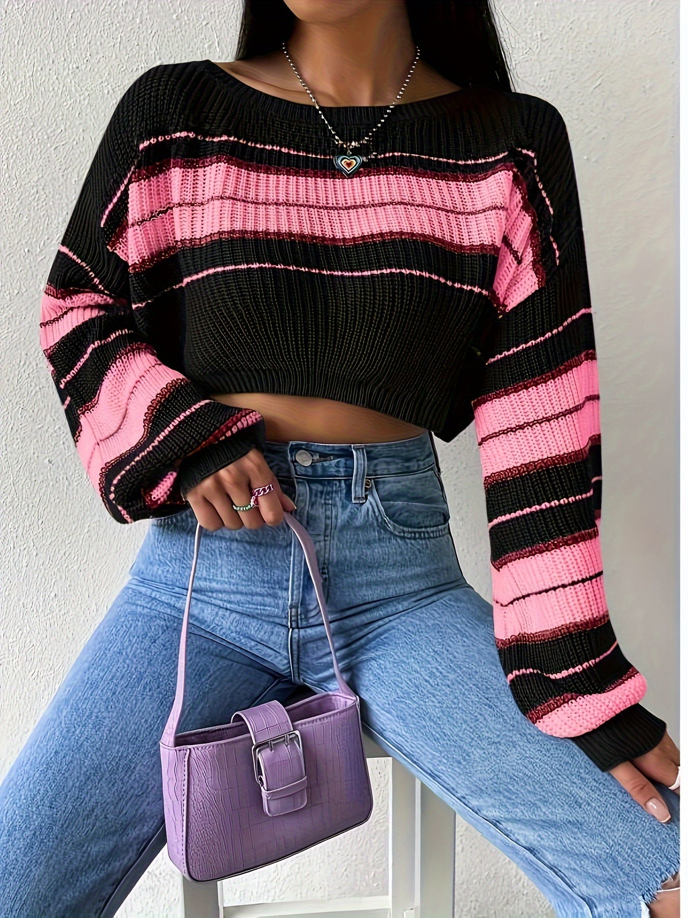 [Boat Neck Striped Pullover] Striped Boat Neck Pullover Sweater, Elegant Lantern Sleeve Drop Shoulder Crop Sweater, Women's Clothing