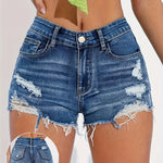 Women's Distressed Denim Shorts, High-Waisted Ripped Hem, Slash Pockets, Mid-Stretch Washed Blue Jean Shorts - Elegant Summer Casual Wear, Spring Fashion Shorts | Frayed Edge Denim | Stylish Distressed Details, High Waisted S