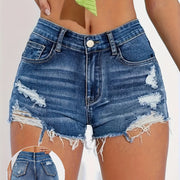 Women's Distressed Denim Shorts, High-Waisted Ripped Hem, Slash Pockets, Mid-Stretch Washed Blue Jean Shorts - Elegant Summer Casual Wear, Spring Fashion Shorts | Frayed Edge Denim | Stylish Distressed Details, High Waisted S