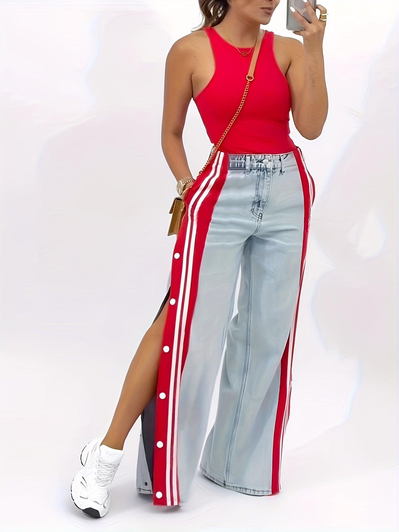 Striped Spliced Button Wide Leg Jeans