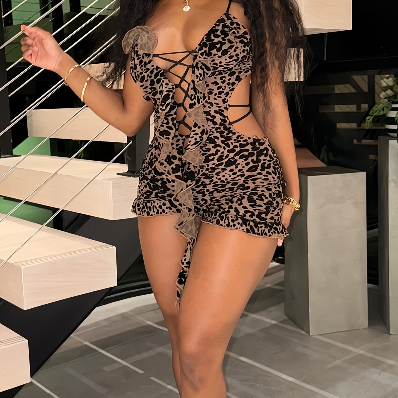 Trendy Street Style Slim Fit Sexy Hot Women'S Lightweight Printed Drawstring Hollow Out Camisole Romper Shorts