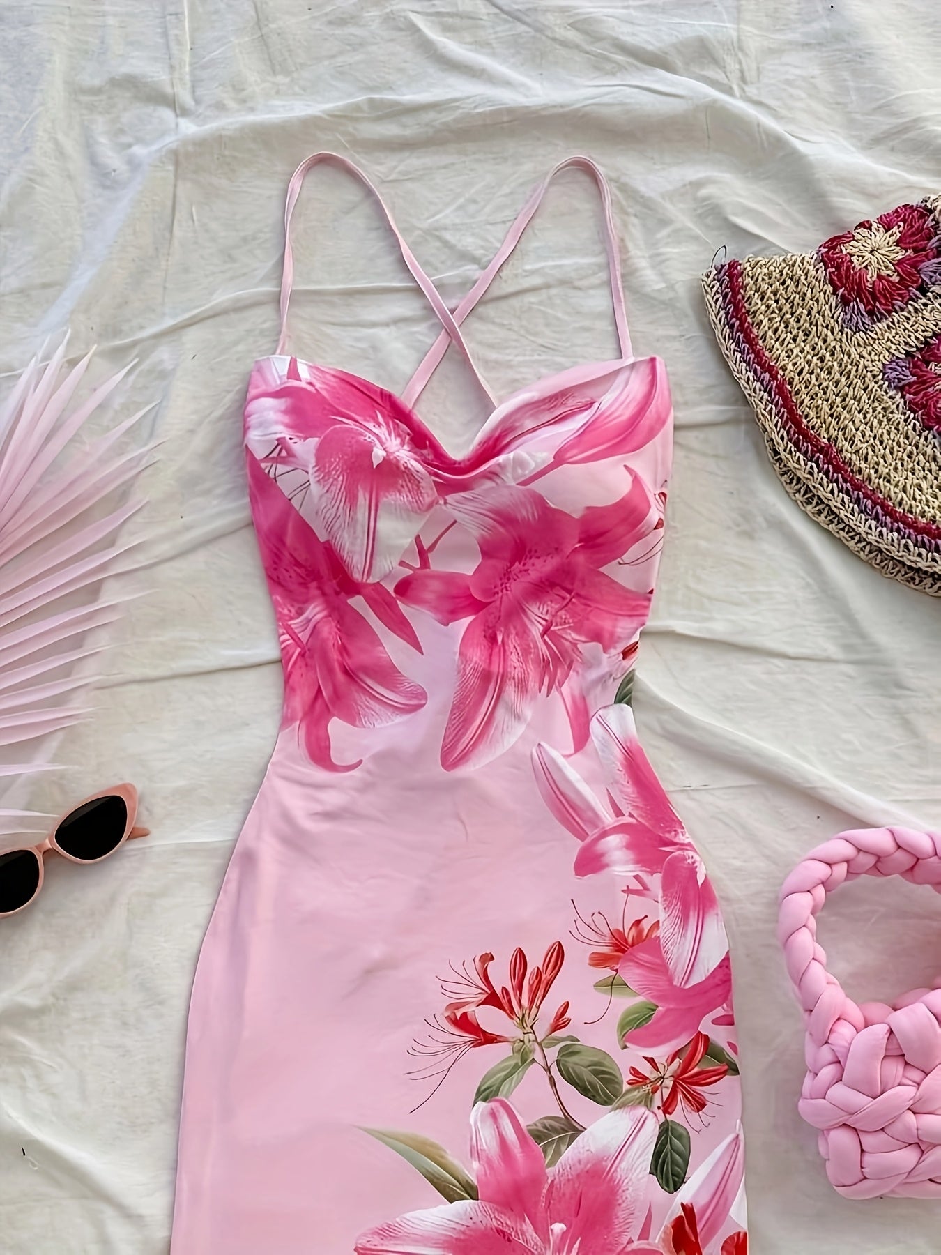 Women's Elegant Floral Print Backless Bodycon Midi Dress - Pink Vacation Style with Strappy Design, Perfect for Summer Getaways, Summer Vacation Dress | Floral Midi Dress | Sophisticated Style, Cute Summer Dresses