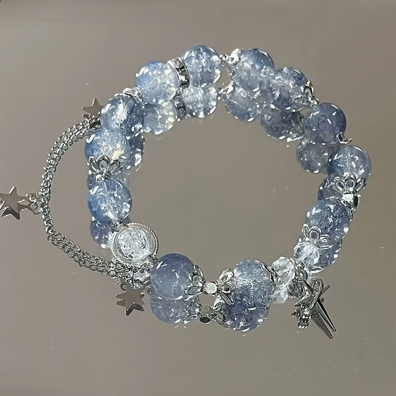 (100pcs) 4pack Glossy Long Ballerina Fake Nails + 4pcs Bracelet Blue Gradient Press On Nails With 3D Flower Butterfly Rhinestone Design Beads Bangle Sparkling Full Cover FalseNails For Women Girls