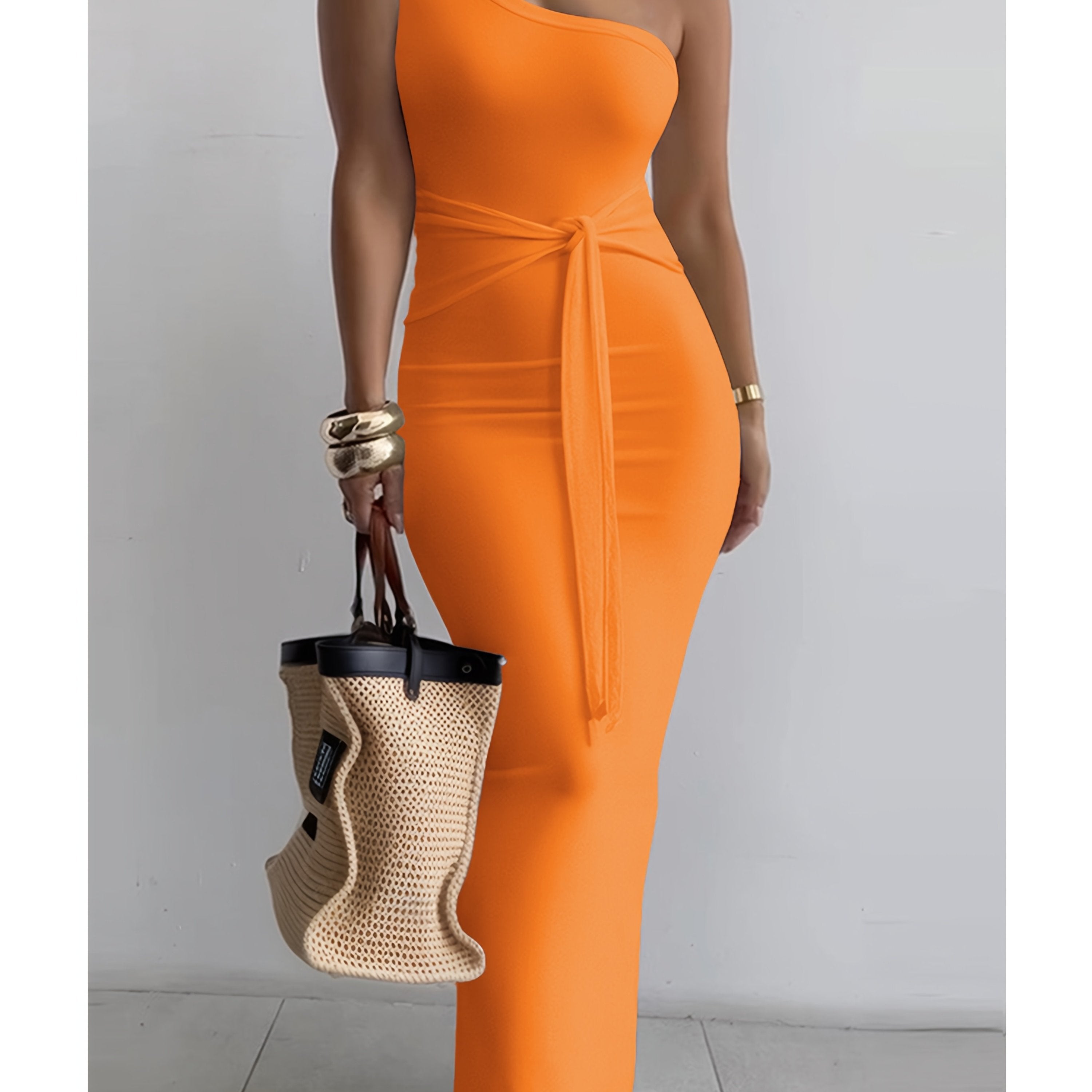 Women's Summer One-Shoulder Waist Tie Slim-Fit Pencil Dress - Sleeveless Elegant Solid Blue Long Dress for Casual & Formal Occasions
