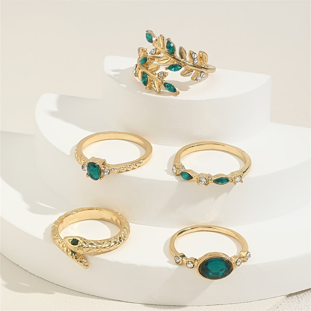 Vintage Elegant Leaf & Snake Design Rhinestone Stacking Rings Set - 5-Piece Alloy Ring Pack with Green Accents for Daily & Vacation Wear