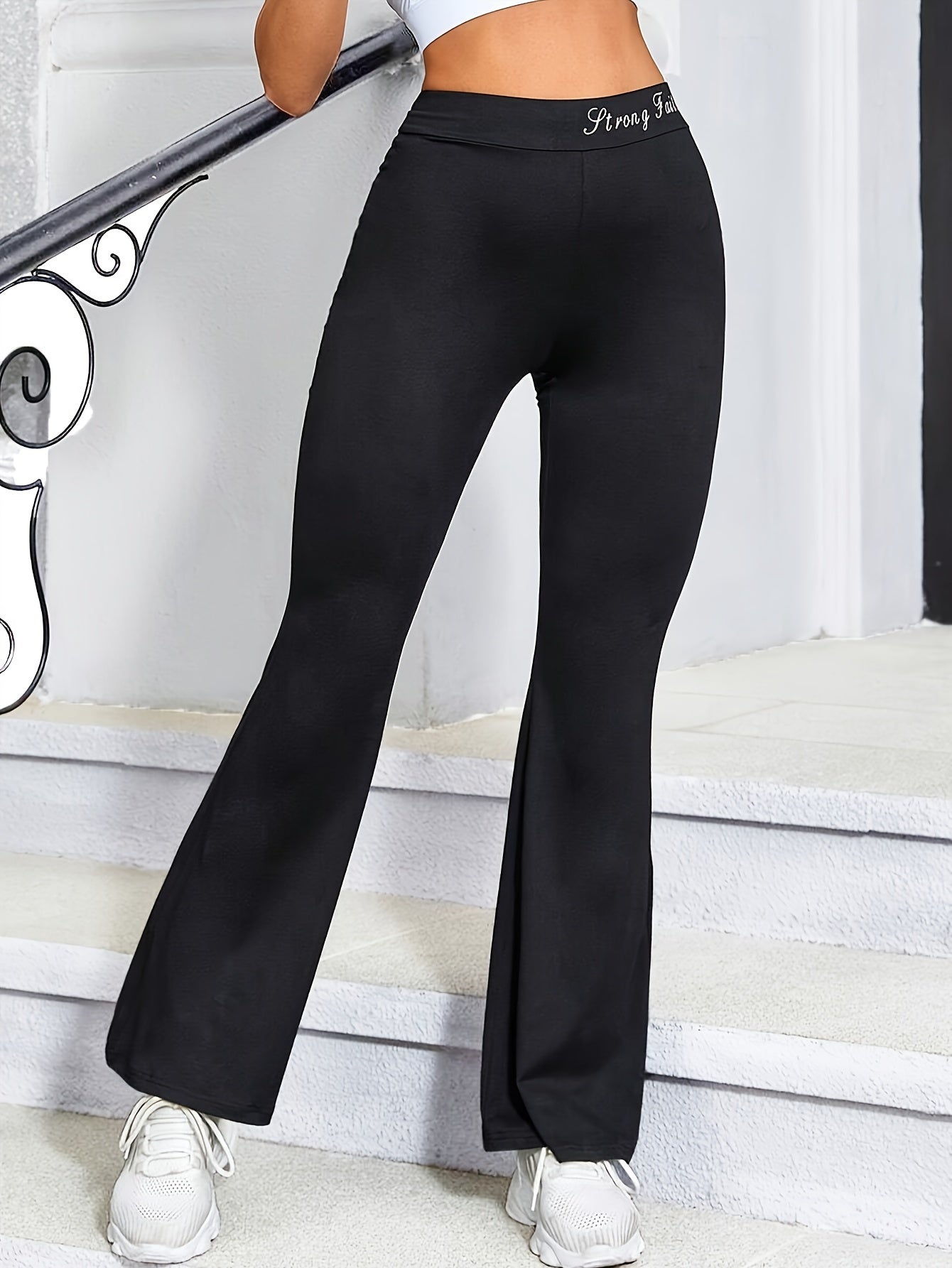 High-Waist Wide-Leg Yoga Pants for Women, Solid Color Stretch Polyester with Elastane, Casual Flared Fitness Leggings, Machine Washable