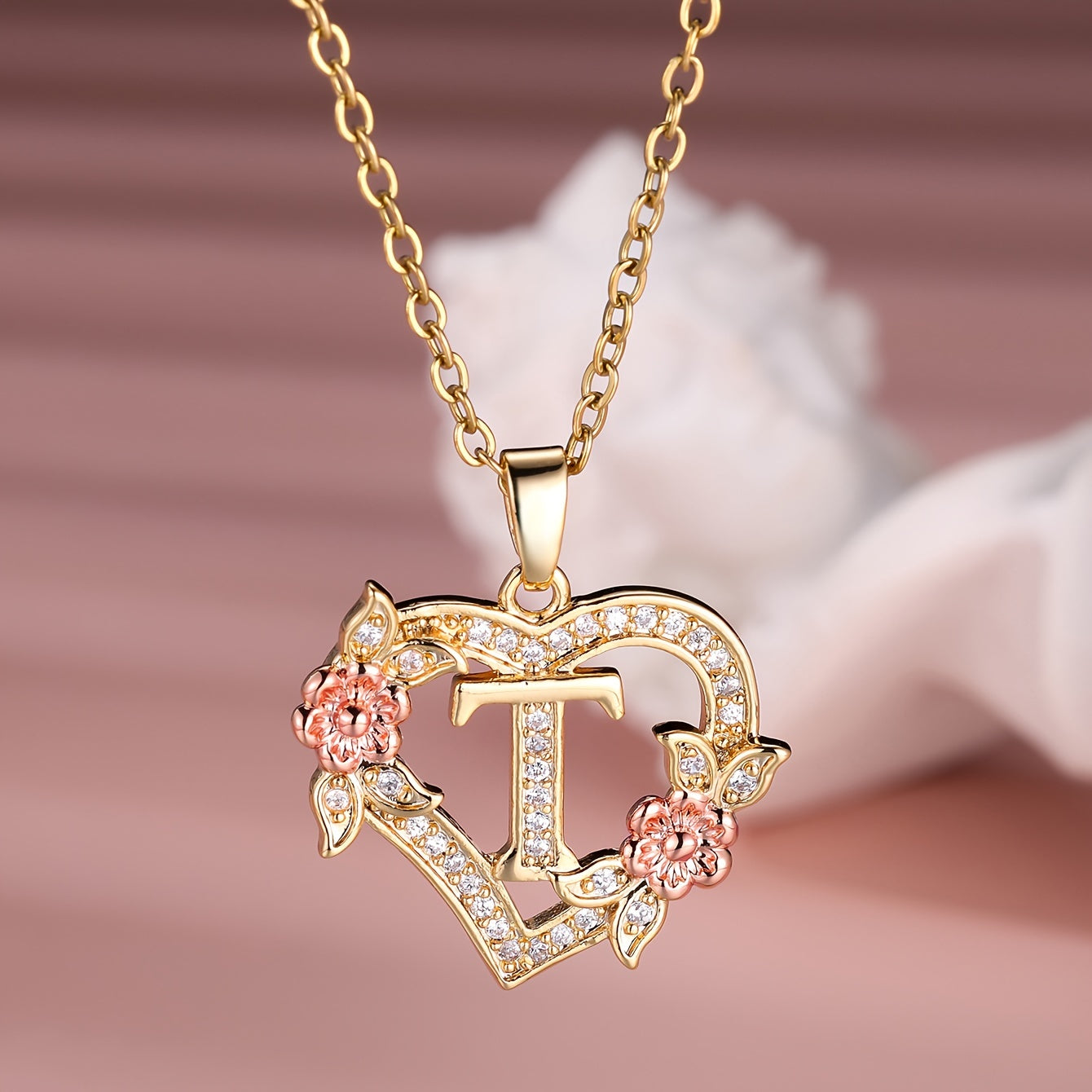 1pc A-Z Letter Love Heart Necklace Elegant zirconia Rose Golden Necklace Valentine'S Day Gift Trendy Jewelry For Women