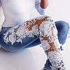 Elegant Skinny Fit Hollow Out Lace Contrast Denim Jeans, Women's Denim Pants & Clothing