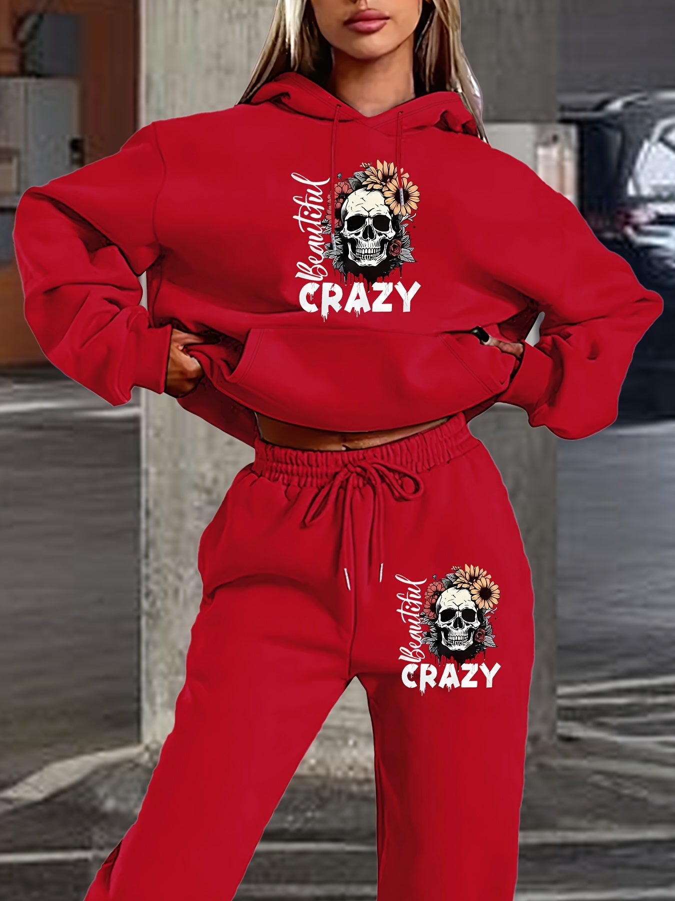 Women's 2024 New Skull Letter Print Hoodie and Pants Set, Casual Polyester Knit Sweatshirt with Drawstring Hood, Geometric Pattern, Pocket Detail, Autumn/Winter Fashion Outfit