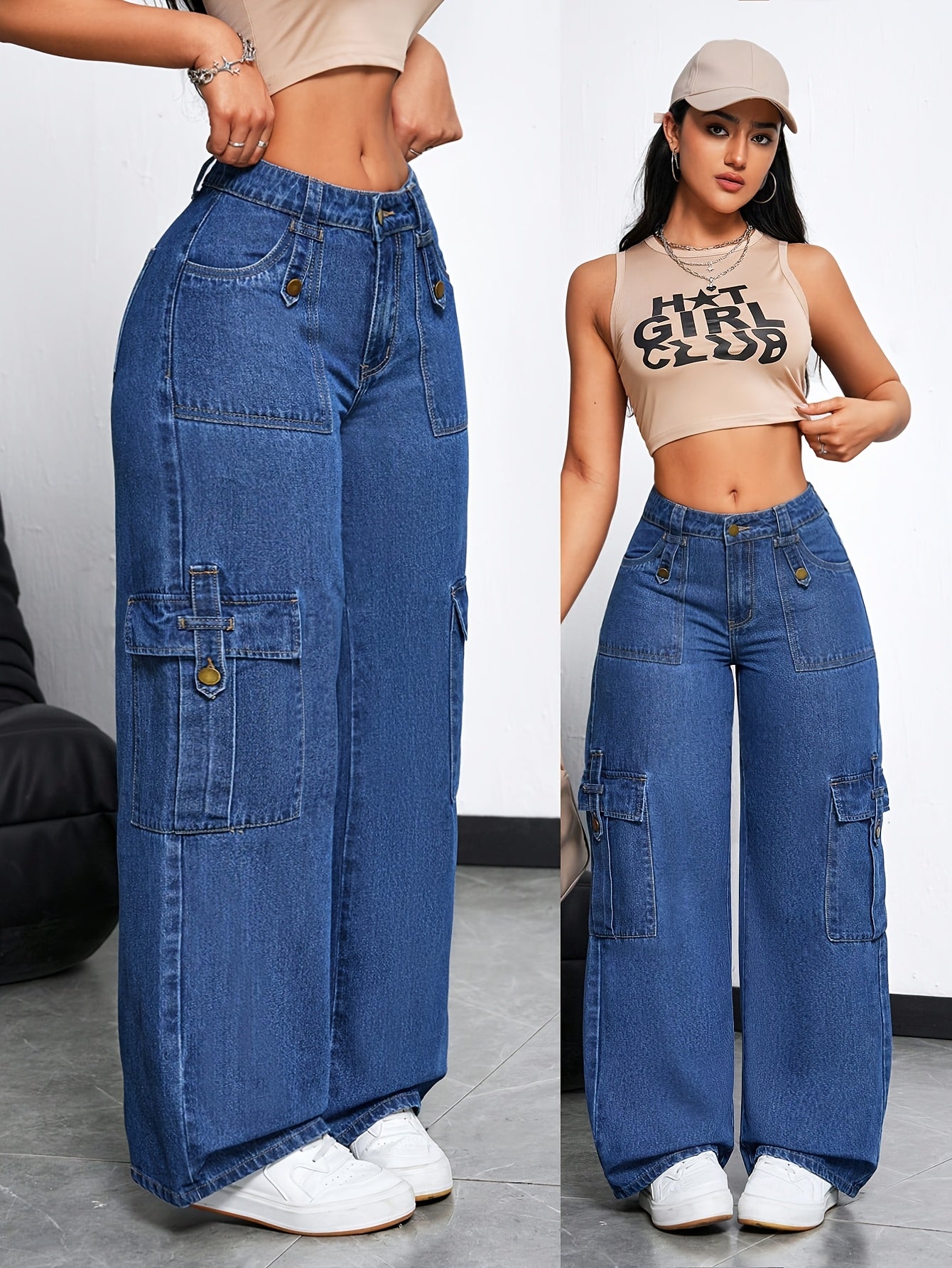 Women'S High-Waisted Cargo Jeans with Multiple Pockets - Stretch Denim, Raw Wash Finish, Straight Leg, Casual Streetwear Style, Blue, Casual Streetwear | Multi-Pocket Design | Comfortable Fit Jeans