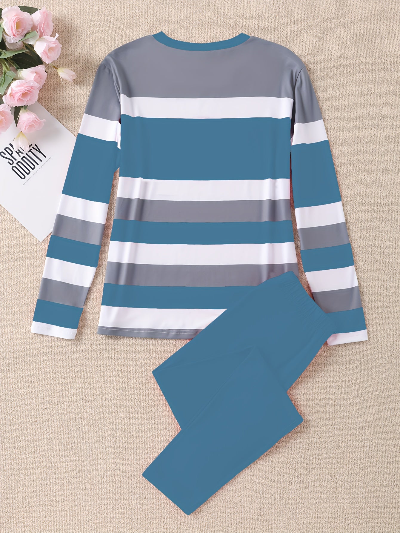 Women's Striped Crown Print Casual Tracksuit Set - Polyester & Elastane Knit Crew Neck Long Sleeve Top with Pants, No Belt - Fall/Winter Cozy Loungewear Suit (1 Top + 1 Pants)