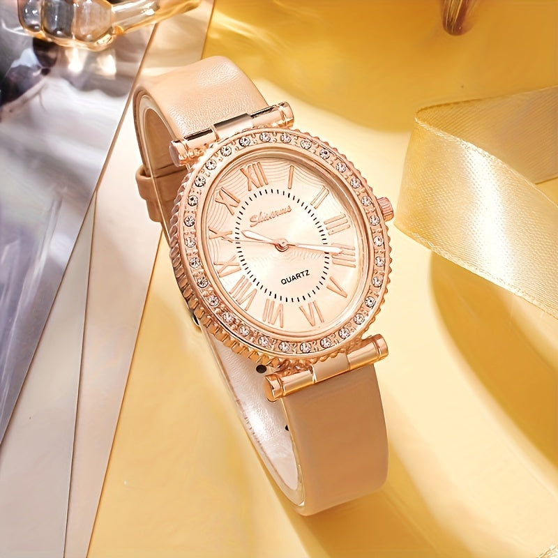 Luxury 5pcs Women's Rhinestone Quartz Watch Set - Chic oval case paired with casual PU Leather strap, elegant gift for Mom or her, fashion timepiece with classic design