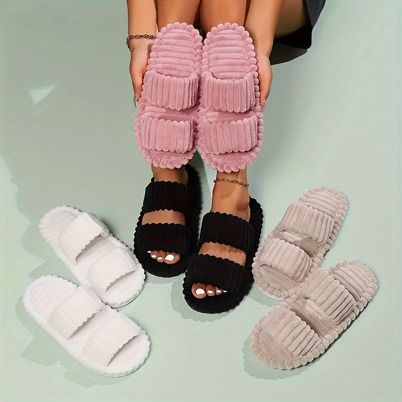 Elegant Women's Plush Slippers with Warm Lining - Striped Open Toe, Non-Slip EVA Sole, Cozy Indoor Comfort