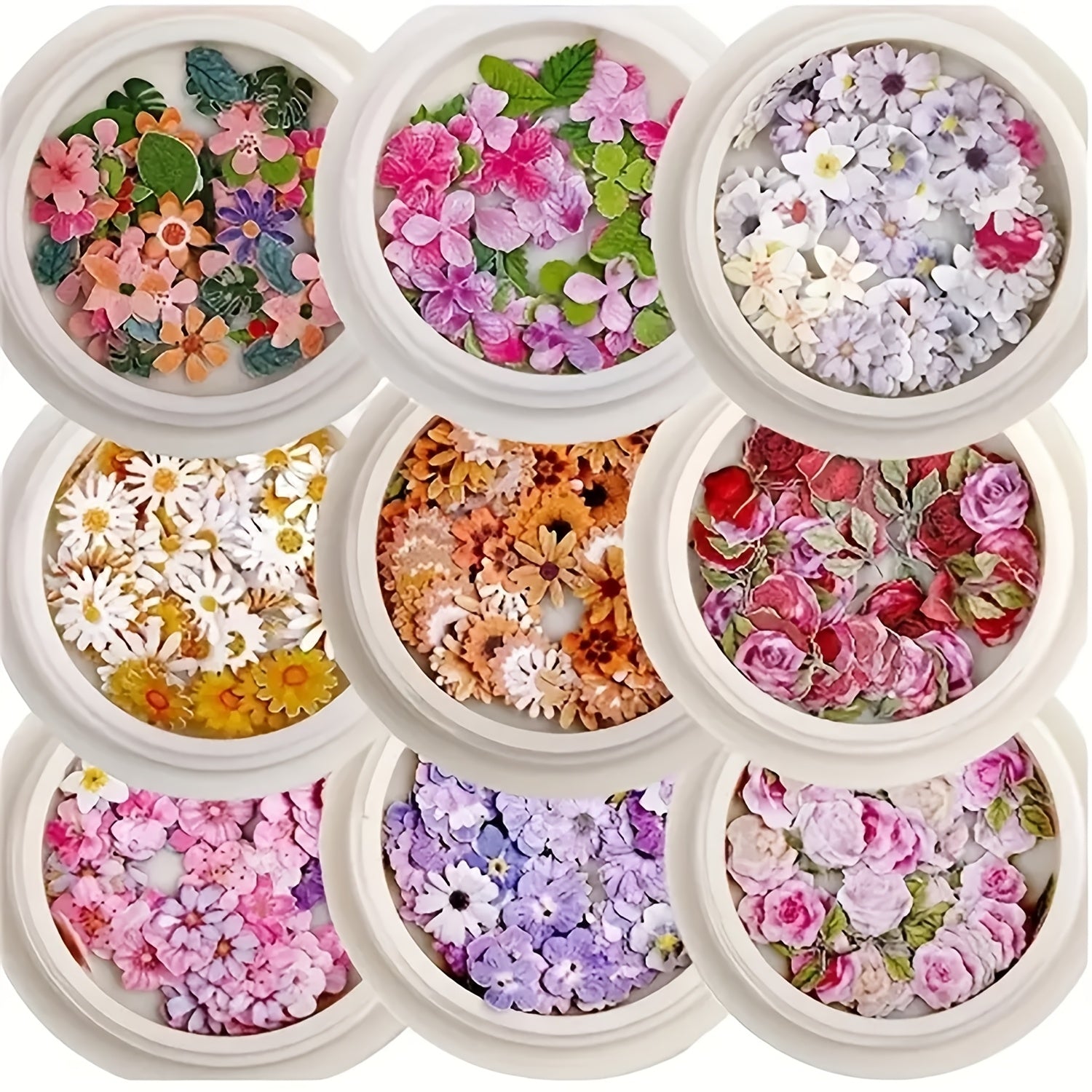 9 Boxes 3D Flower Nail Stickers Set, Holographic Simulation Floral & Leaf Nail Glitter Sequins, Acrylic Paillettes Sparkle Charms for DIY Nail Art Decoration, Unscented Nail Supplies