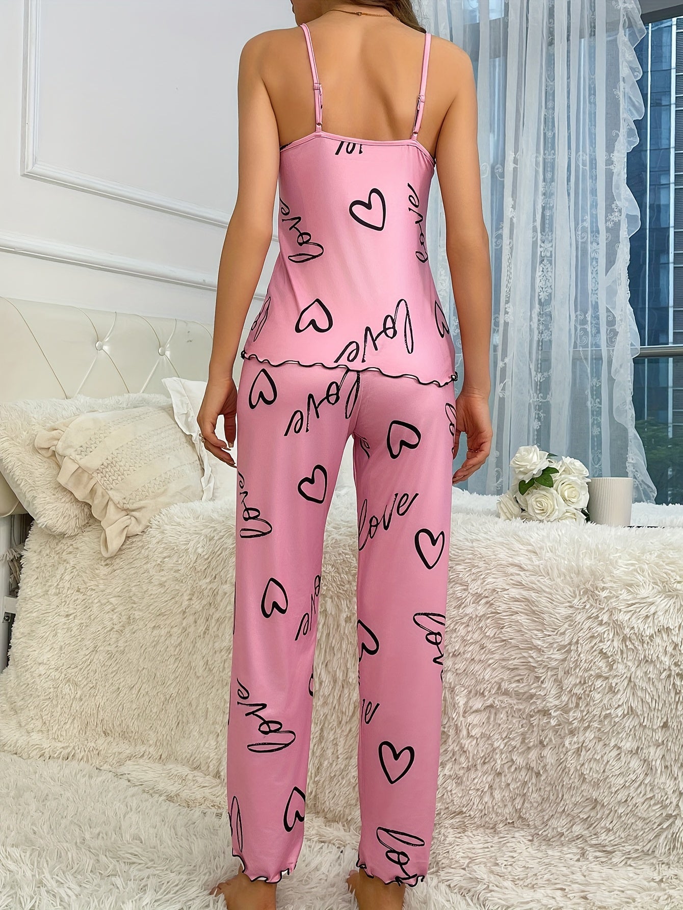 Heart Print Pajama Set, Lettuce Trim V Neck Cami Top & Elastic Waistband Pants, Women's Sleepwear & Loungewear