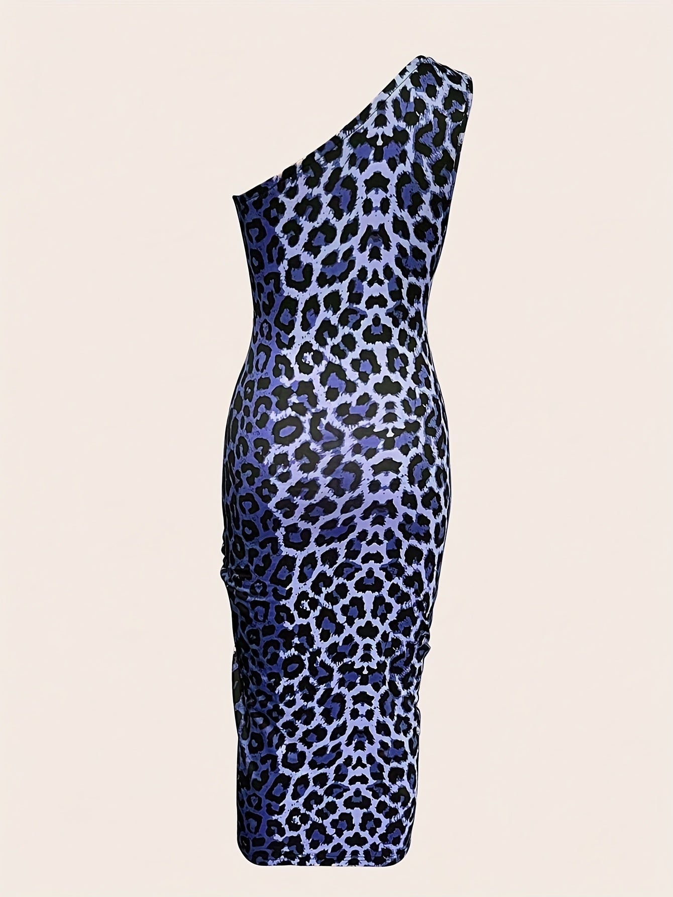 Women's Sexy One-Shoulder Leopard Print Bodycon Dress with High Thigh Slit - Mid-Length Ruched Detailing & Drawstring Waist, Machine Washable All-Season Clubwear or Casual Outfit, Party Attire | Formfitting Silhouette