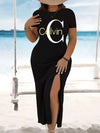Plus Size Women's Elegant Bodycon Midi Dress with Side Slit & Letter Print - Stretchy Machine-Washable Black Dress for Spring Summer Fall, Casual & Formal Occasions, Seasonal Fashion Dress | Stylish Summer Dress | Machine Was