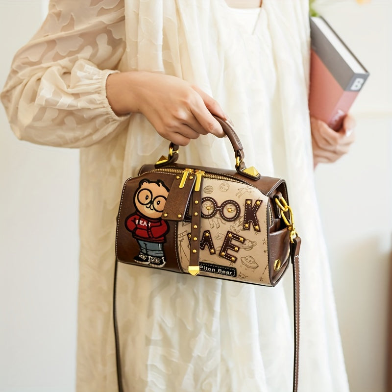 Vintage Cartoon Bear Print PU Leather Shoulder Bag with Embroidered Detail, Removable Strap, Zipper Closure, Polyester Lined, Animal Print Design, Edge Painted Boston Handbag