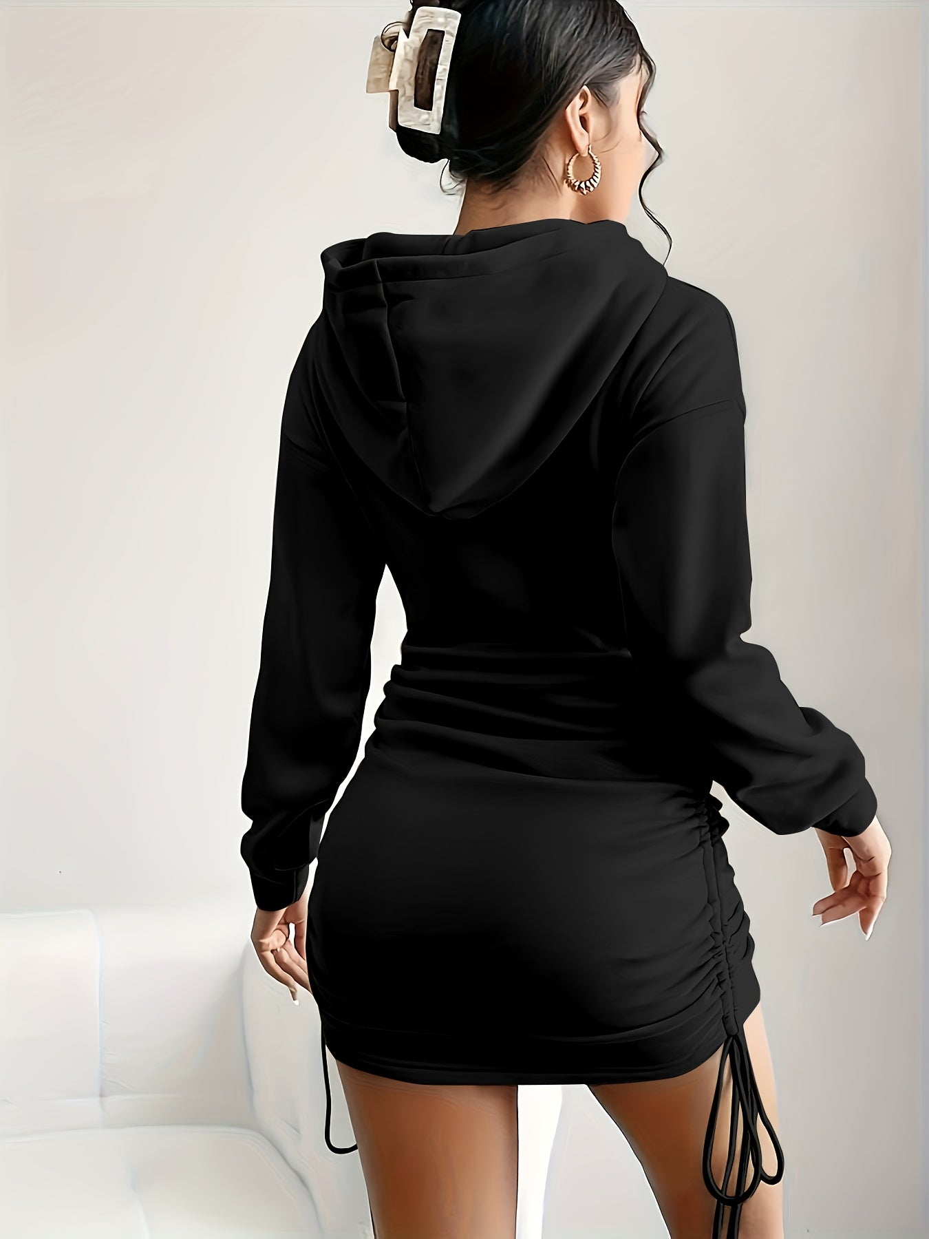 1pc Women's Alphabet Pattern Hooded Bodycon Dress with Drawstring Side - Polyester Knit Fabric - Spring/Fall Fashion Dress for Women - Perfect for Casual & Party Occasions