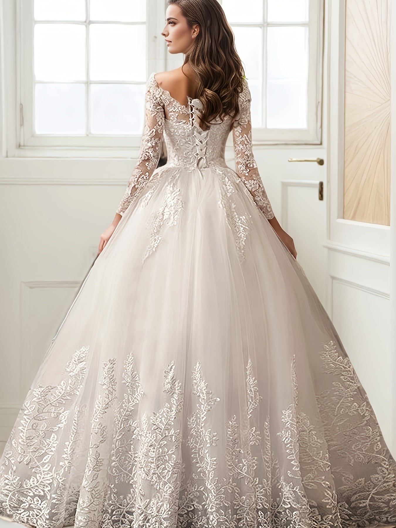 Elegant Off-Shoulder A-Line Wedding Dress with Lace Embroidery, Long Sleeve Floor-Length Bridal Gown for Women, Perfect for Weddings and Formal Events, Party Attire | Offshoulder Design | Glossy Texture