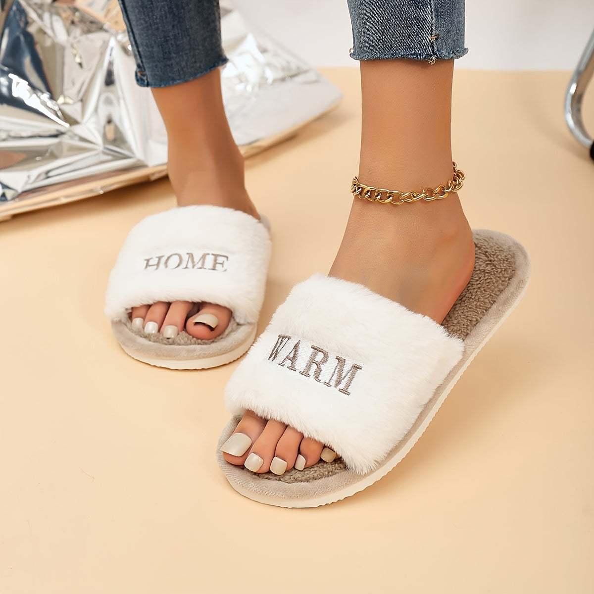 Women's Cozy Plush Slippers with Embroidered "HOME" Lettering - Lightweight, Open-Toe Design, Soft EVA Sole, Fluffy Black & Cream Indoor Shoes for All Seasons, Hand Washable, House Slippers