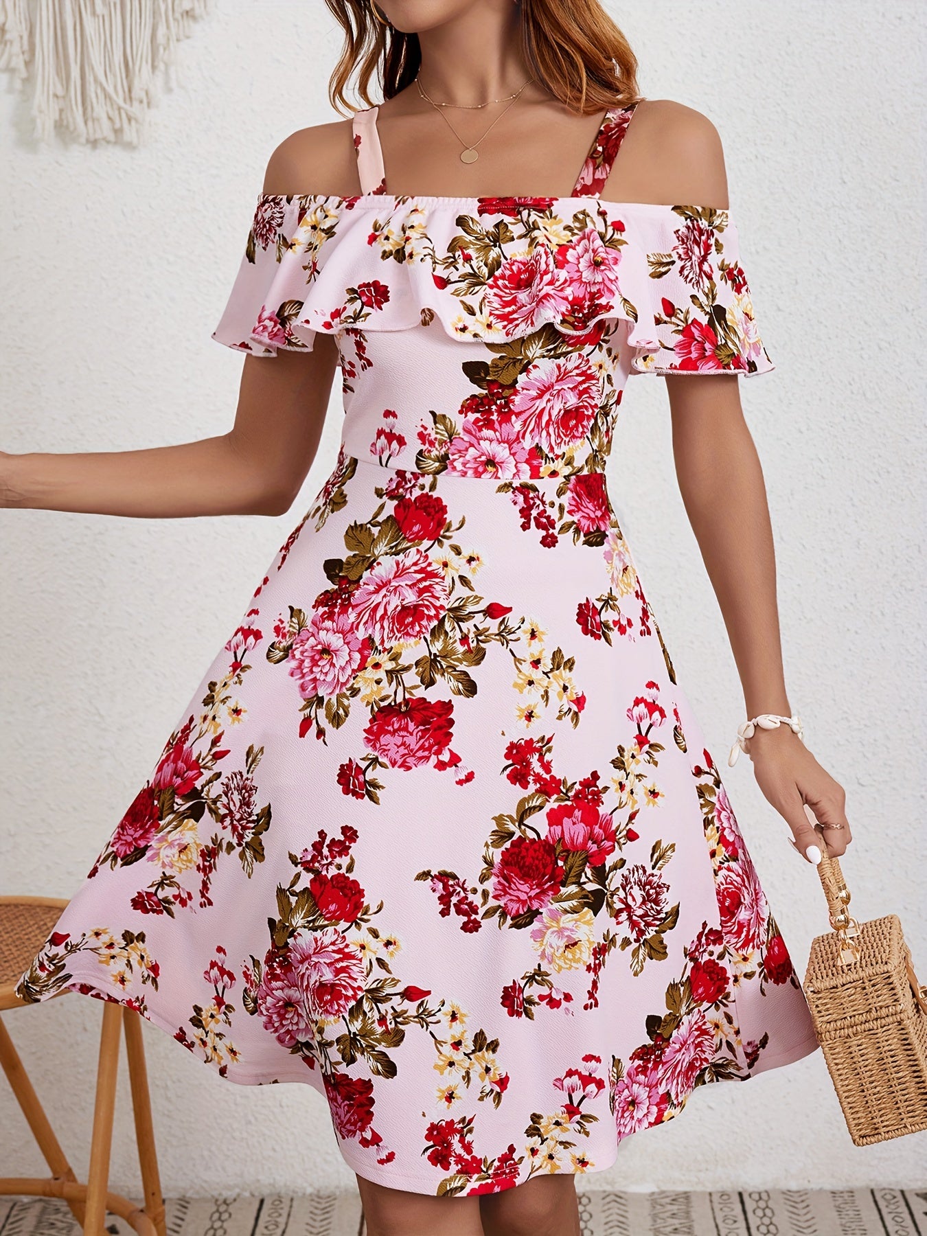 Elegant Floral Print Dress for Women with Ruffle Detail - Off-Shoulder, A-Line, Mid-Stretch Polyester & Spandex Blend, Machine Washable - Perfect for Summer