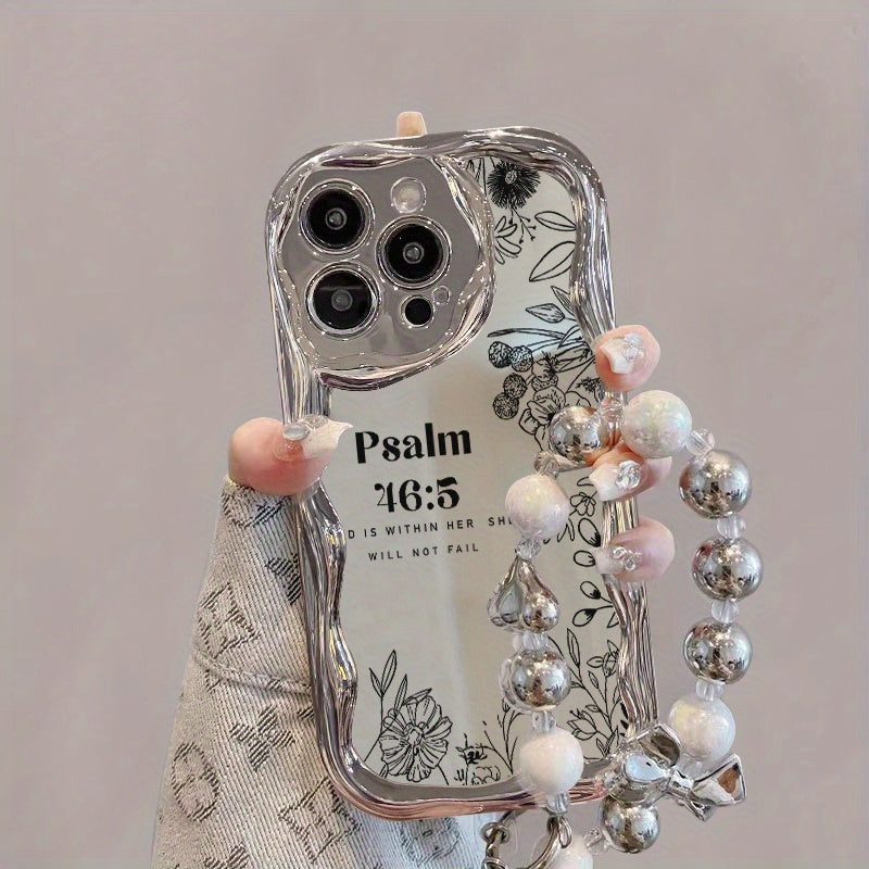 Electroplated Silver Curved Edge Pattern Mobile Phone Case with Pearl Bracelet Lanyard Design, Anti-fall, Durable, Unique Pattern, Compatible with iPhone 16 15 14 13 12 11 Pro Promax 16 15 14 Plus Cute Fashion Thickened Shock
