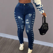 Women's Mid-Rise Ripped Skinny Jeans with Slanted Pockets - Stretch Denim, Distressed Blue Design, Fashionable for Casual Attire, Parties, and Music Festivals, Festival Clothing | Highquality Denim