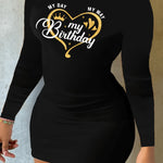 [Elegant Style] Women's Sexy Bodycon Dress, 92% Polyester 8% Elastane, Geometric Pattern, Crew Neck, Knit Fabric, All-Season, Adult Fit - "My Day My Birthday" Print