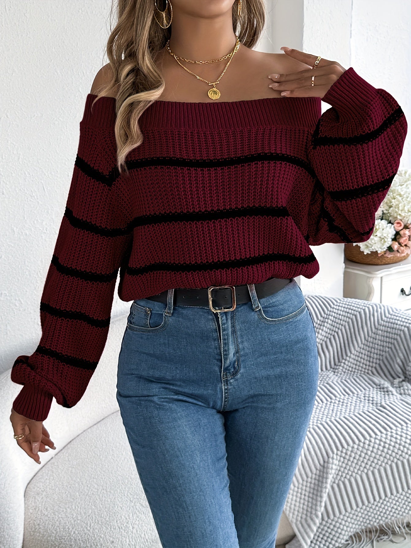 Women's Elegant Striped Off-Shoulder Knit Sweater, Casual Long Sleeve Pullover, Polyester, Fall/Winter Fashion, Ladies' Fashion Knitwear