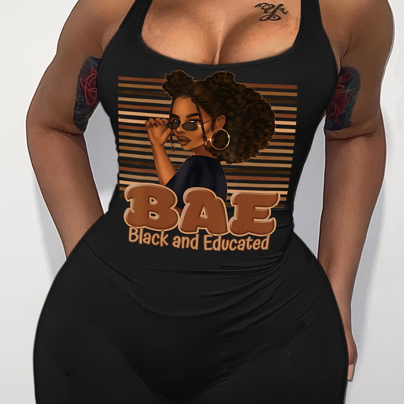 Chic Backless Romper with Bold "BAE" Letter Print & Striped Design - Sexy Sleeveless Knit Jumpsuit for Women, Black & Educated Graphic, Machine Washable, Polyester Blend, Square Neckline, All-Season Wear, Educational Fashion