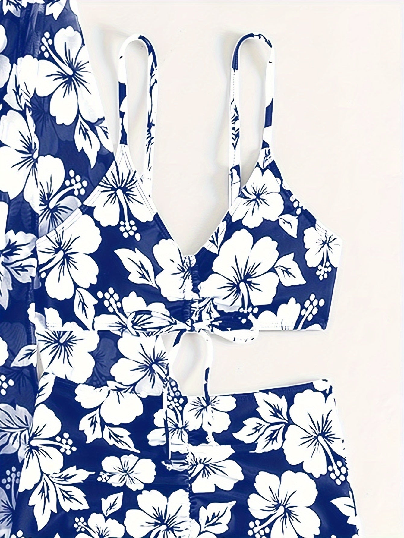 Floral Pattern 3 Piece Set Bikini, Drawstring V Neck Boxer Short Bottom With Long Sleeves Cover Up Shirt Swimsuits, Women's Swimwear & Clothing