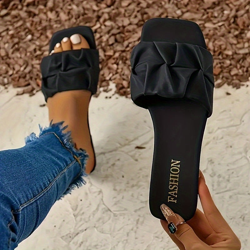 Lightweight Women's Slide Sandals, Pleated Design Casual Square Open Toe Flat Summer Shoes